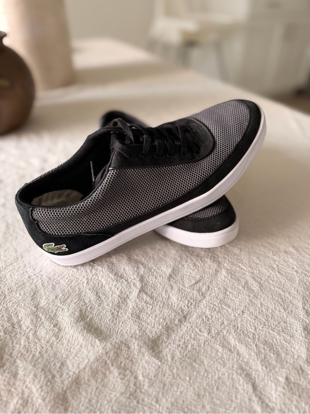 Lacoste Women's Gray and Black Low-Top Sneakers with White Sole
